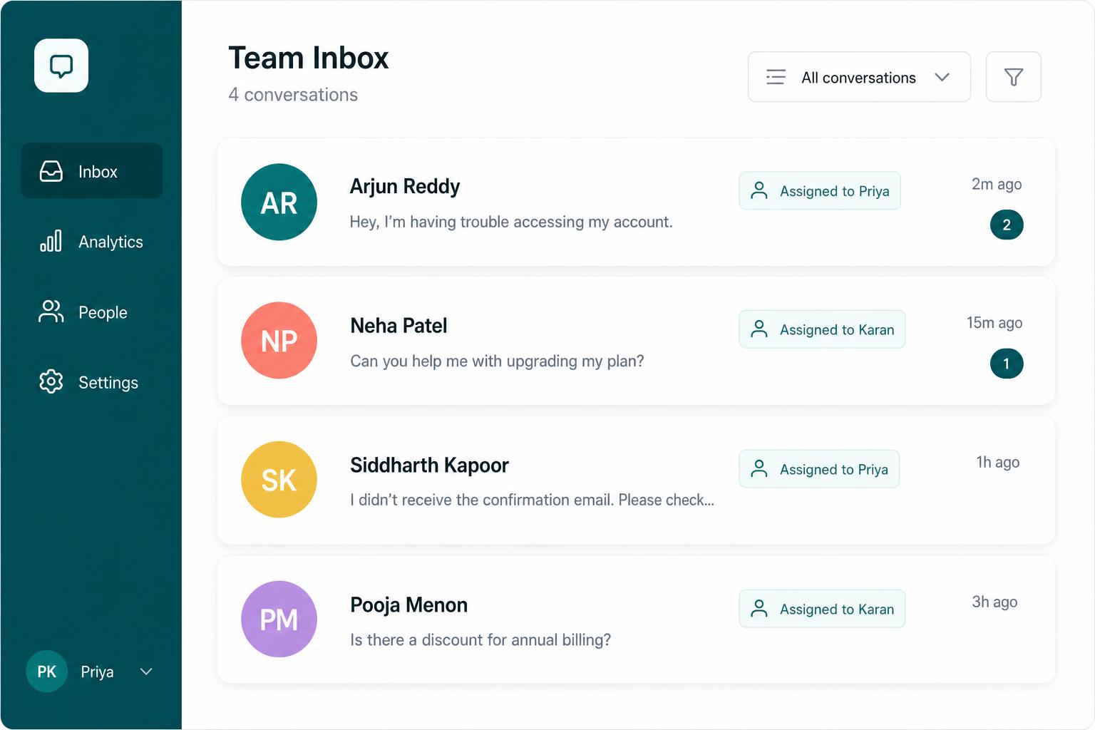 Hopefully unified workspace showing WhatsApp customer conversations across custom stages for WhatsApp business