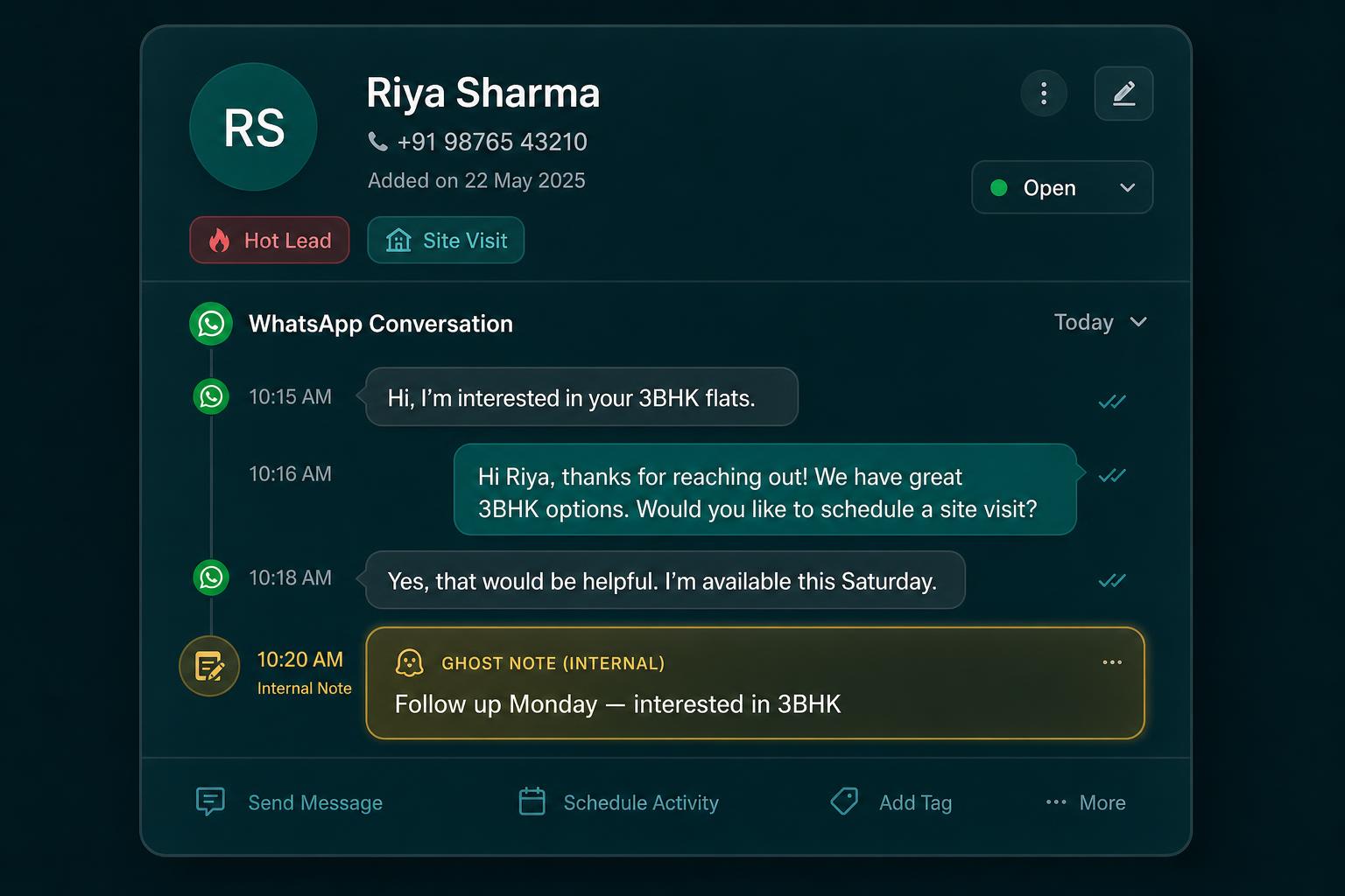 Hopefully ghost note inside a WhatsApp conversation — internal co-founder notes invisible to the customer